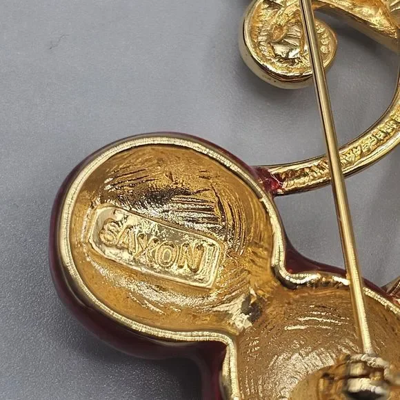 Vintage Saxon Enamel Cherry Brooch Pin Retro Pin Up Triple Fruit Red Green - Picture 7 of 10